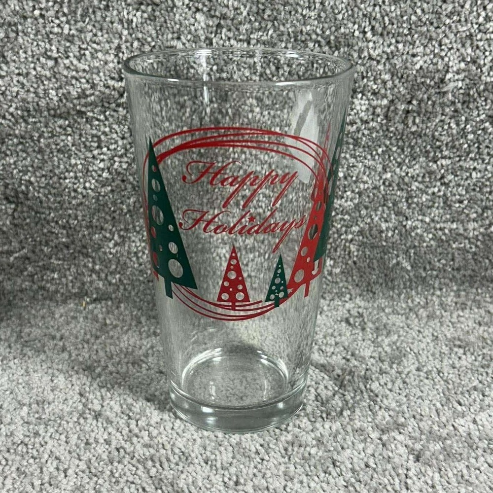 Festive Pint‎ Glass Clear Happy Holidays Christmas Trees 16oz